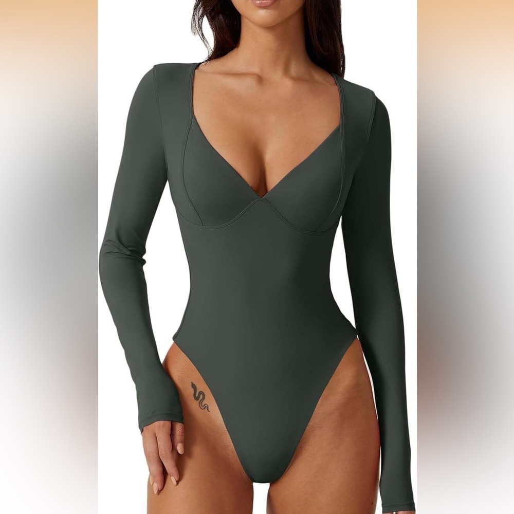 Women Long Sleeve Bodysuit V Neck Seamed Cup Sculpting Top Green XL